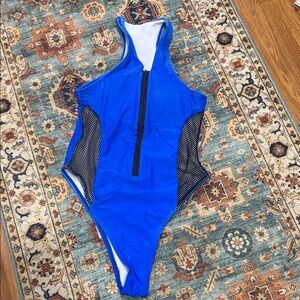 Blue One-Piece Swimsuit with Black Accents
